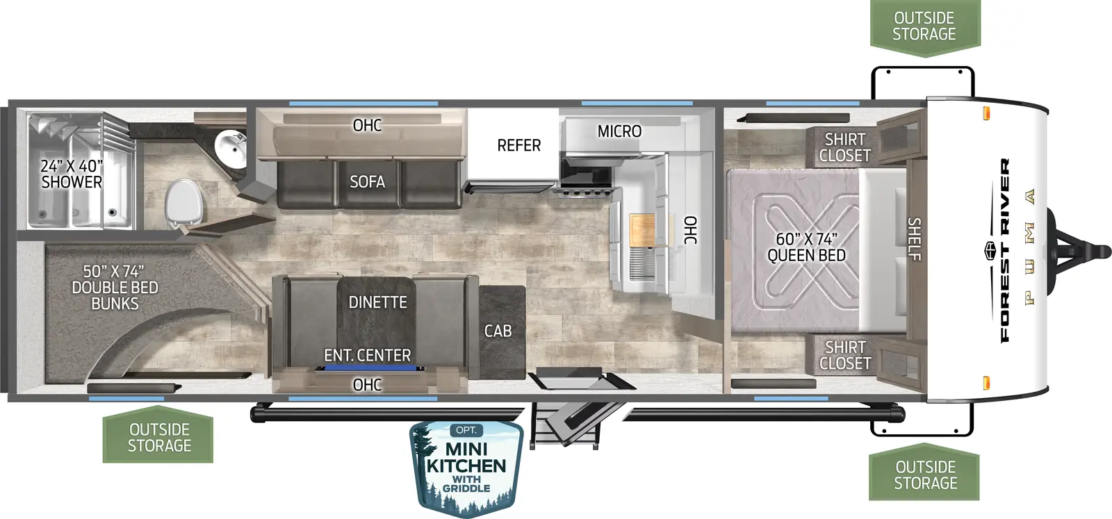 The Puma Camping Edition 23BHCE floorplan has one entry and zero slide outs. Exterior features include: metal exterior, 15' awning and outside kitchen. Interiors features include: bunk beds and front bedroom.